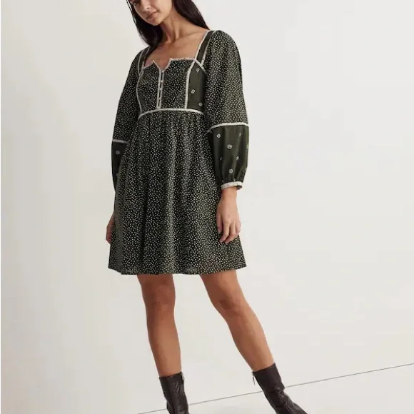 Madewell Mix Square-neck Green Quilted Floral Spring Prairie Mini Dress Size 2 - Picture 3 of 12